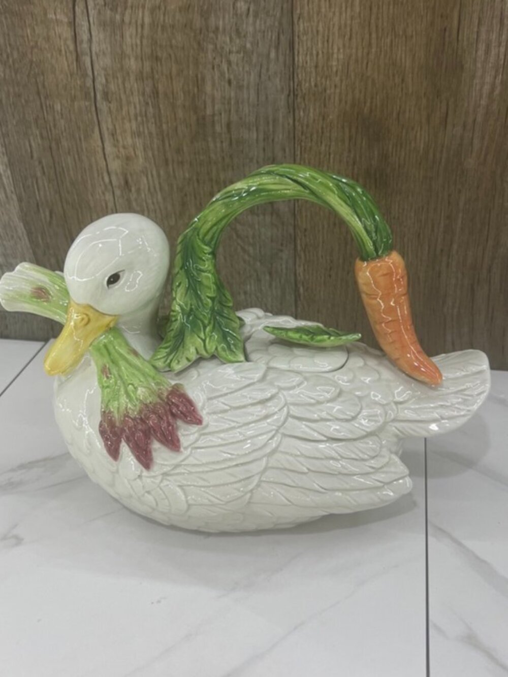 Fitz & Floyd Classics Le Canard Duck Teapot Ceramic Asparagus Carrot Pitcher 7”